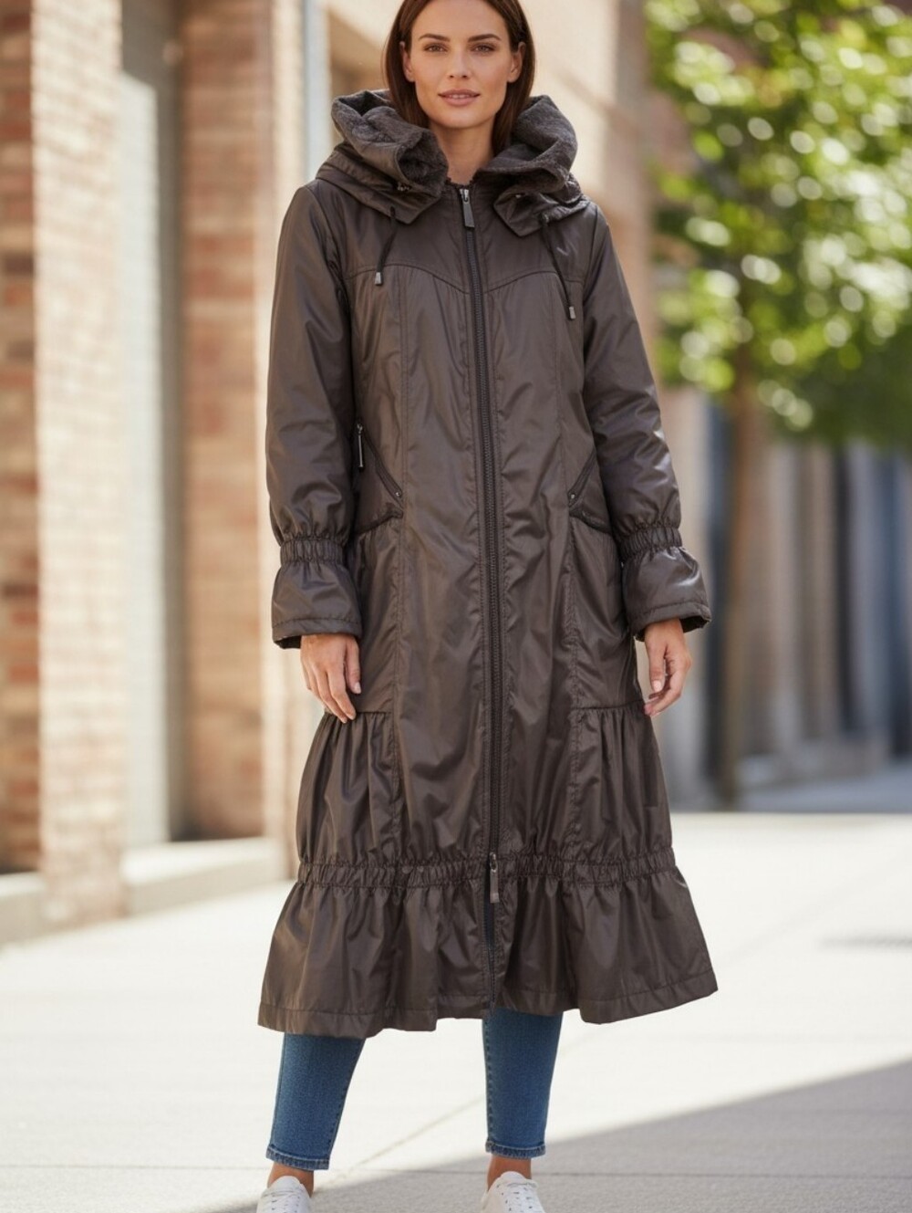 Entrata Suzanne Women's Brown Designer Long Coat Puffer Jacket coat style dress